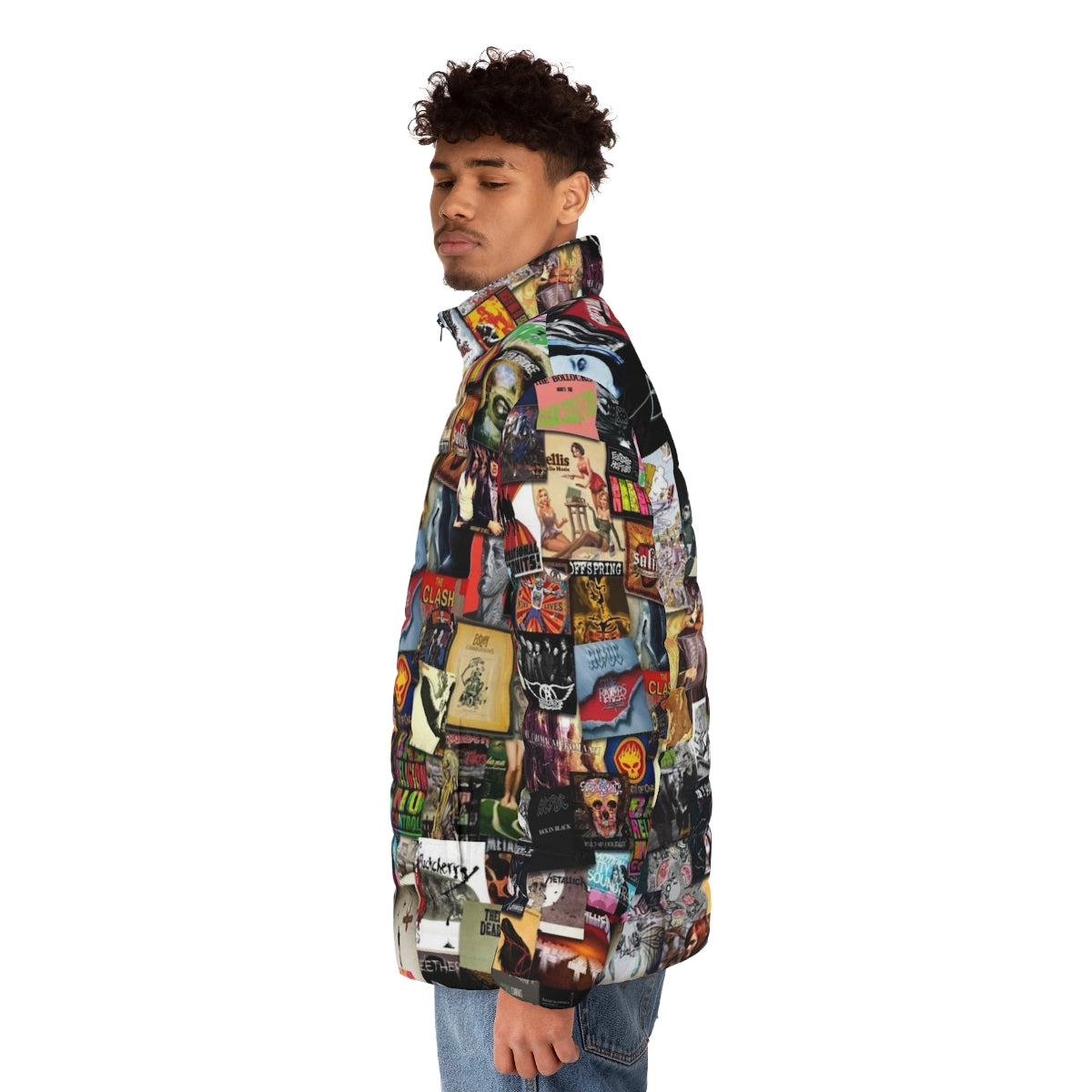 A puffer jacket featuring a collage of music album covers and band logos - men side left