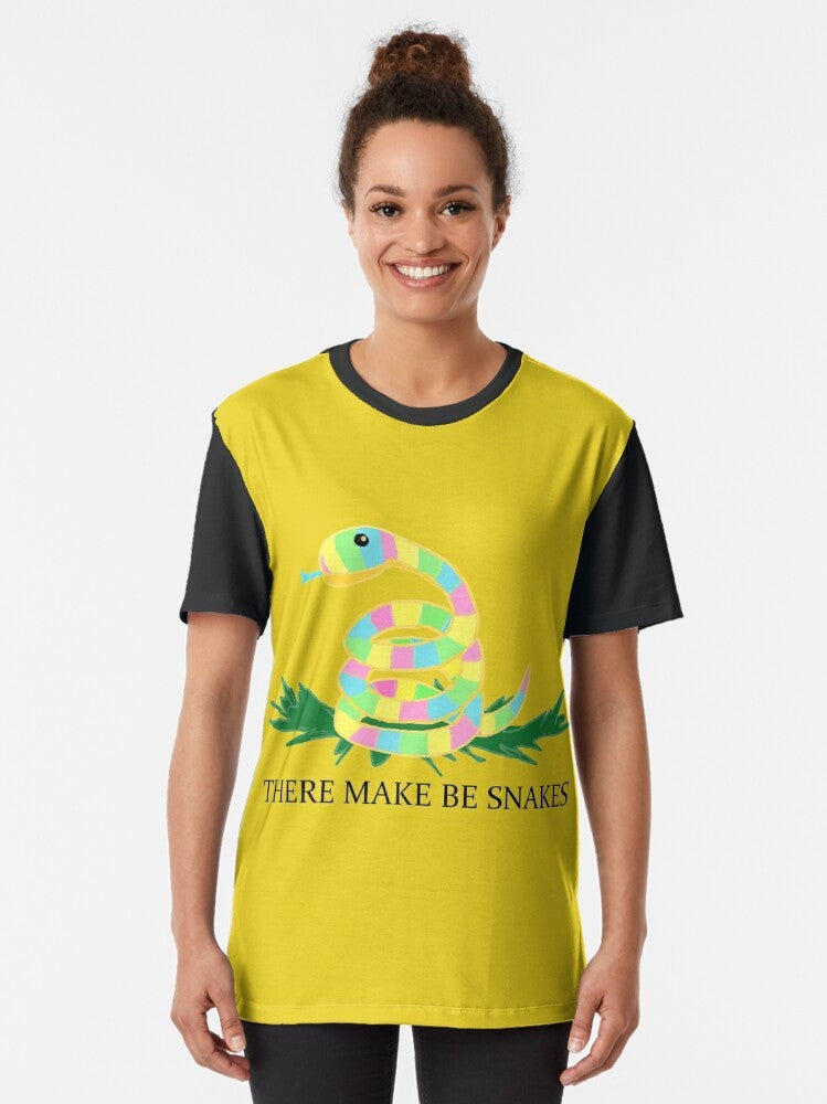 "There May Be Snakes" Graphic T-Shirt featuring a snake silhouette design for outdoor enthusiasts and adventure seekers. - Women