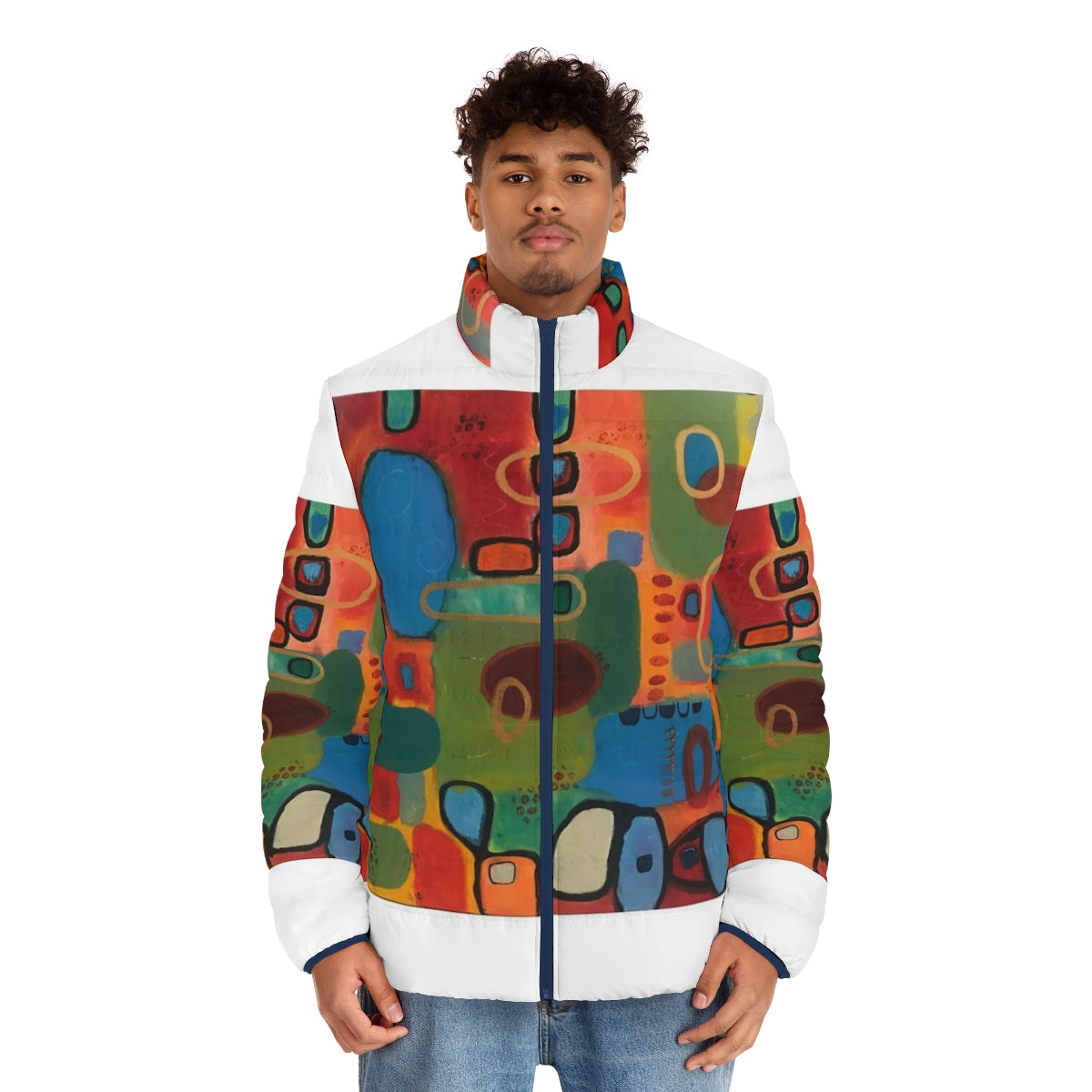 Primitive puffer jacket featuring a colorful abstract design with geometric shapes - men front