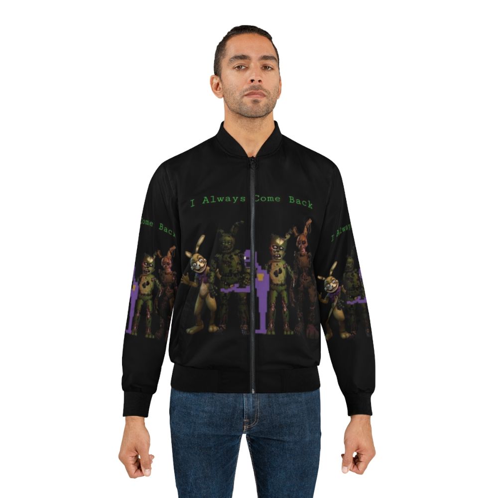 Springtrap bomber jacket, featuring a graphic design from the Five Nights at Freddy's (FNAF) video game series. - Lifestyle