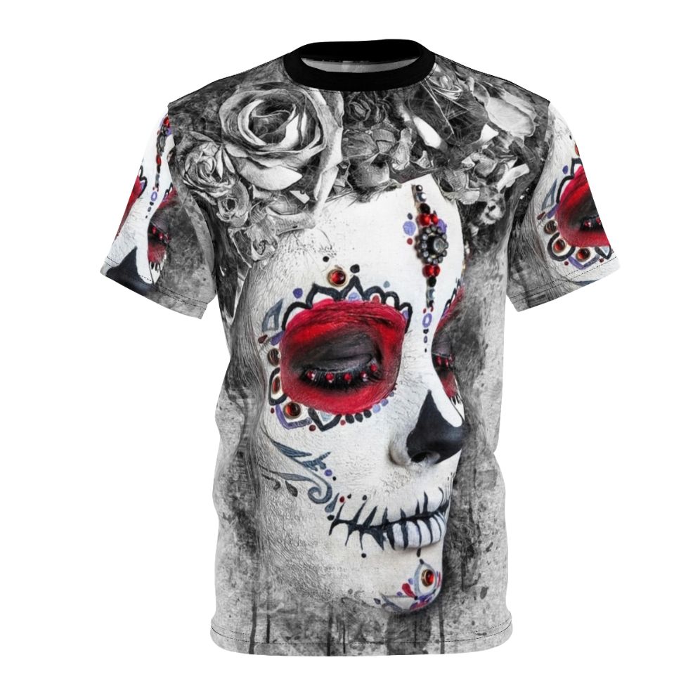 Boho Queen Sugar Skull AOP T-shirt featuring a watercolor floral wreath design