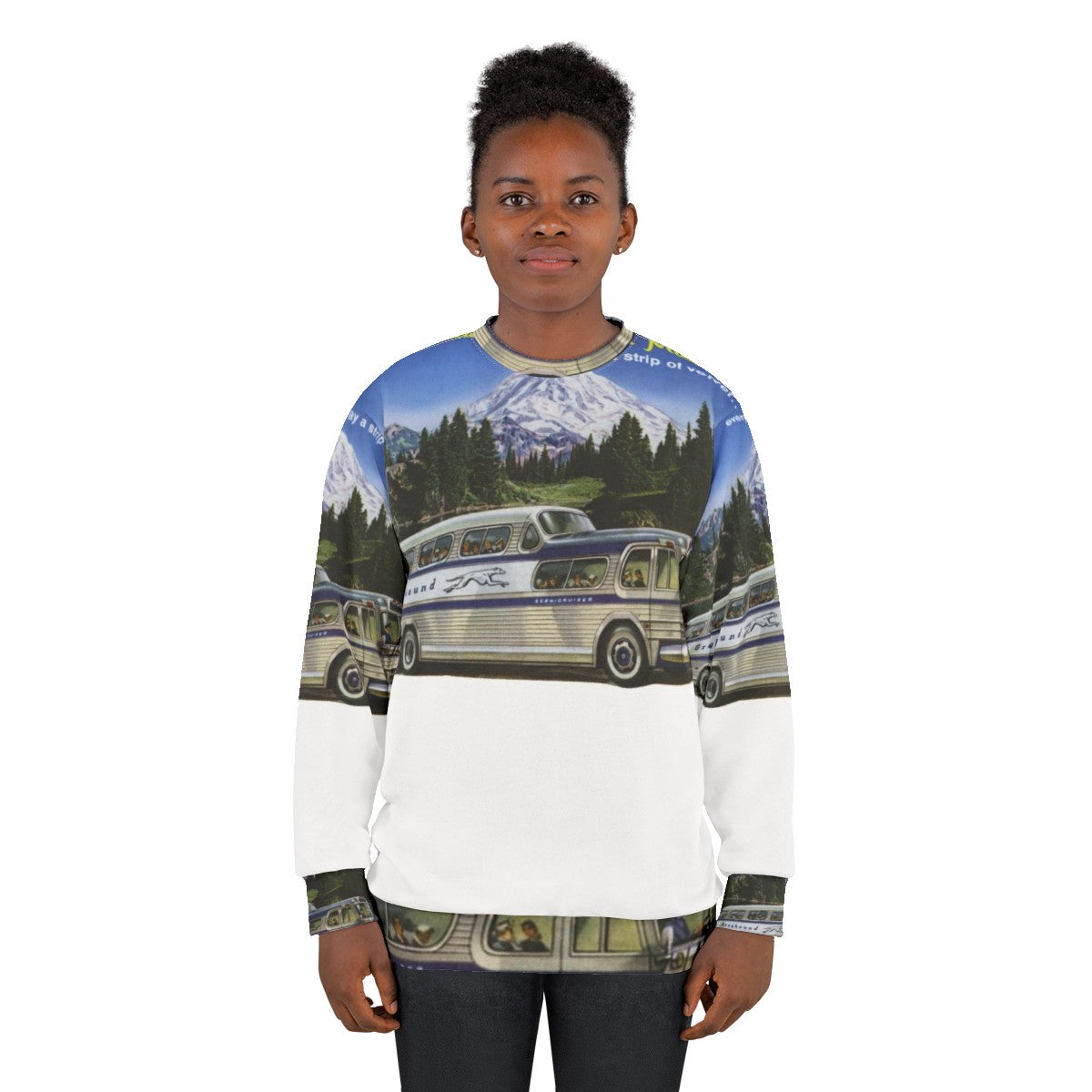 Retro Greyhound bus sweatshirt with 1950s travel theme - women