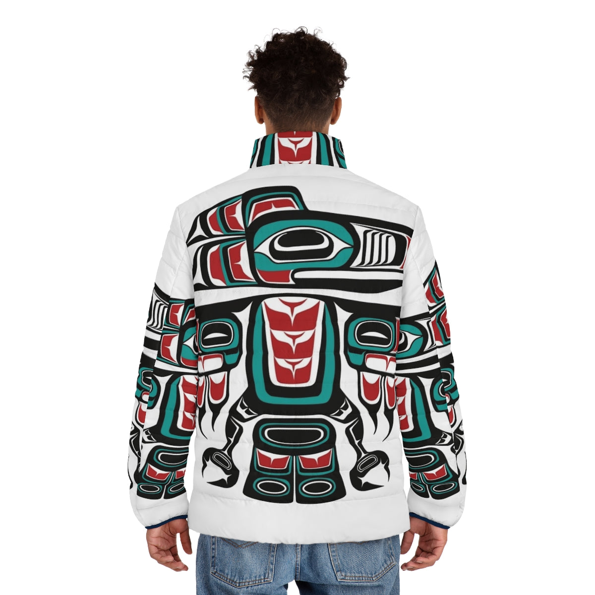 Haida Tlingit Native Raven Totem Puffer Jacket featuring traditional indigenous artwork - men back