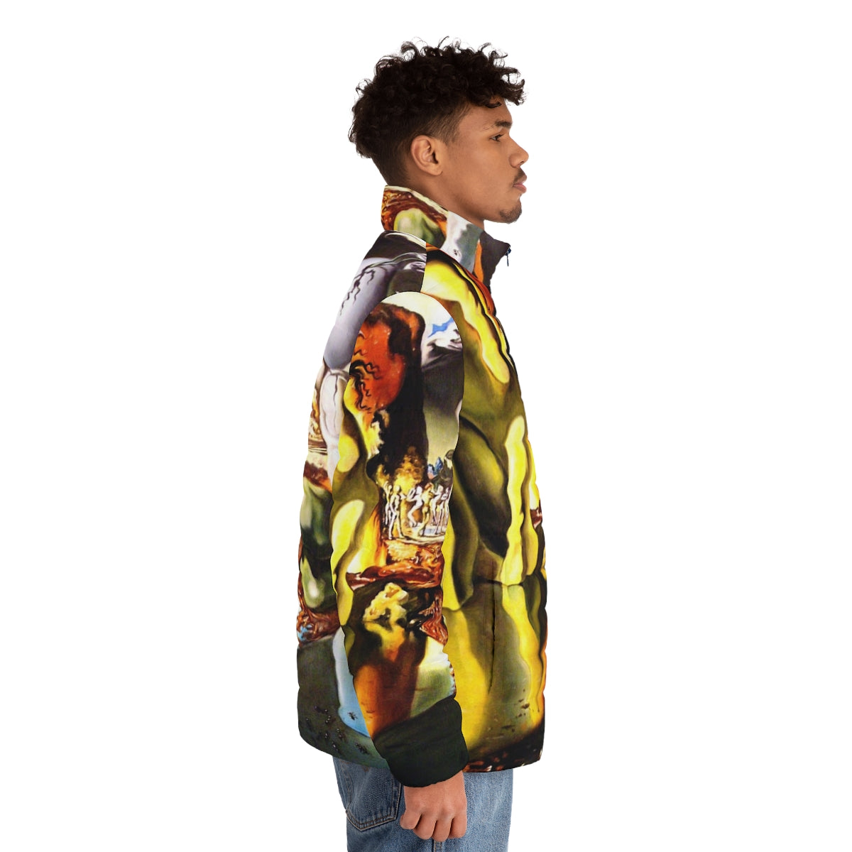 Puffer jacket featuring Salvador Dali's surrealist painting "Metamorphosis of Narcissus" - men side right