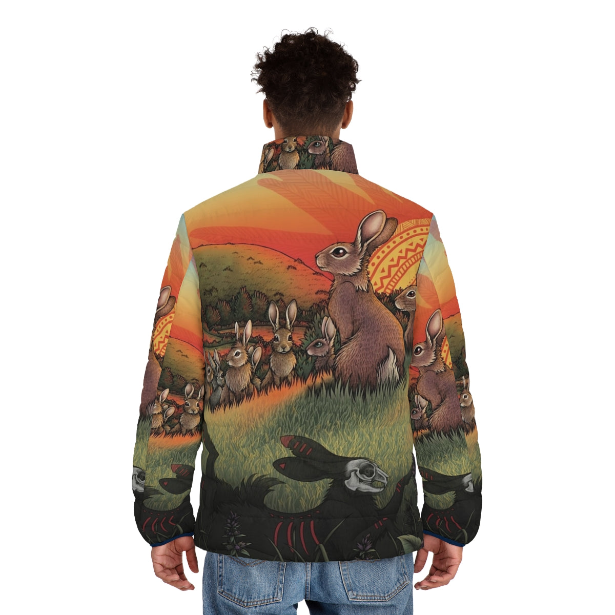 Watership Down inspired puffer jacket with rabbit and nature imagery - men back