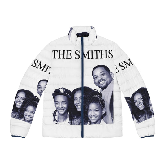 A vibrant puffer jacket featuring a playful parody of Will Smith's iconic image