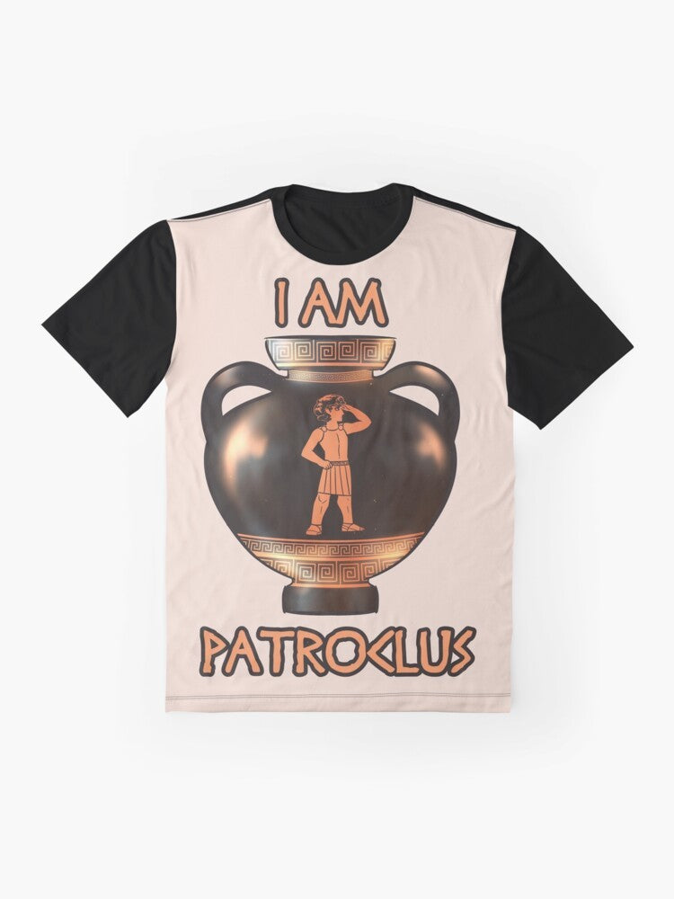 Graphic T-shirt featuring Achilles and Patroclus, inspired by Greek mythology and the Iliad - Flat lay