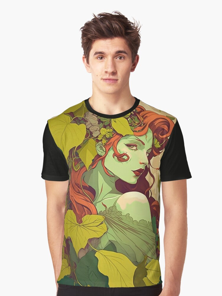 A whimsical female portrait of Poison Ivy in an art nouveau style, surrounded by a nature theme. - Men