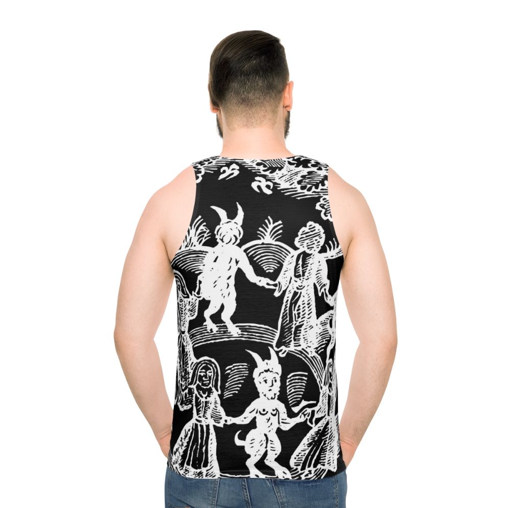 Unisex white 'Dance With The Devil' tank top featuring a vintage-style design with skull, goat, and magical elements - men back