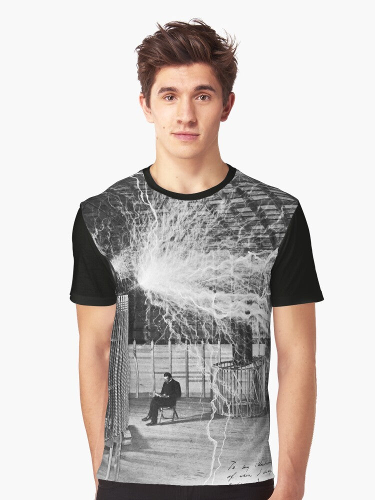 Nikola Tesla Lightning Graphic T-Shirt featuring an illustration of tesla coil and lightning bolt - Men