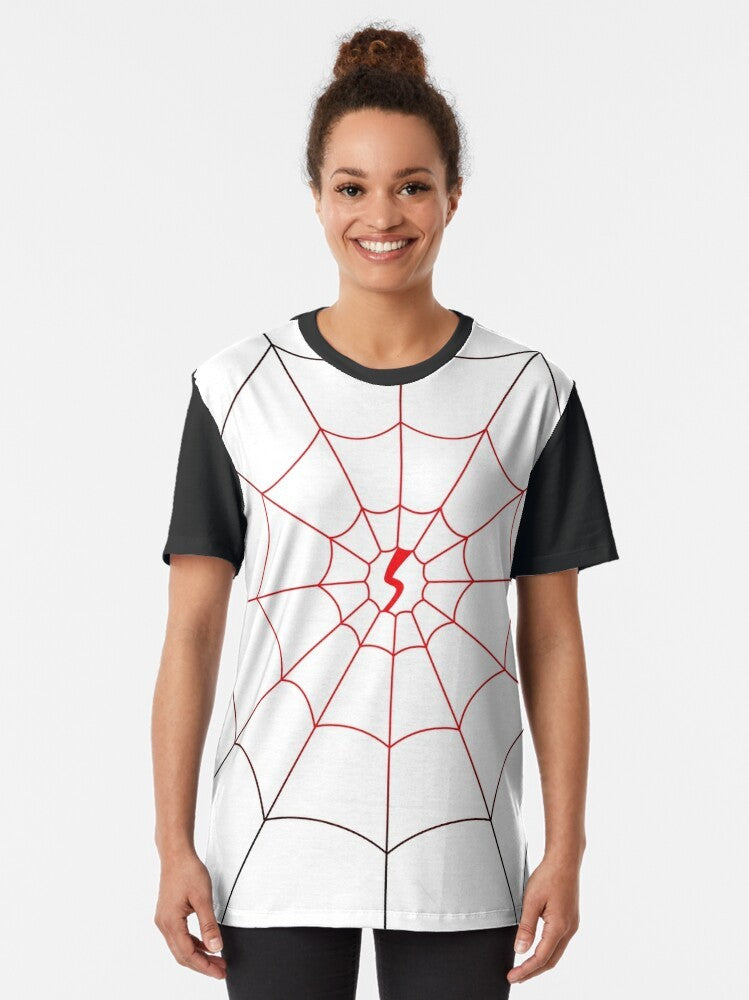 Silk (Cindy Moon) character from the Spider-Verse, wearing a superhero costume on a graphic t-shirt - Women