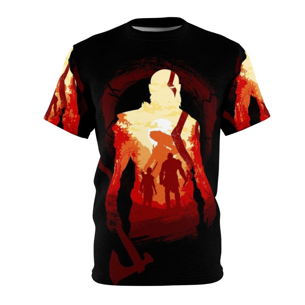 Graphic t-shirt design inspired by the God of War video game series, featuring characters Kratos and Atreus.