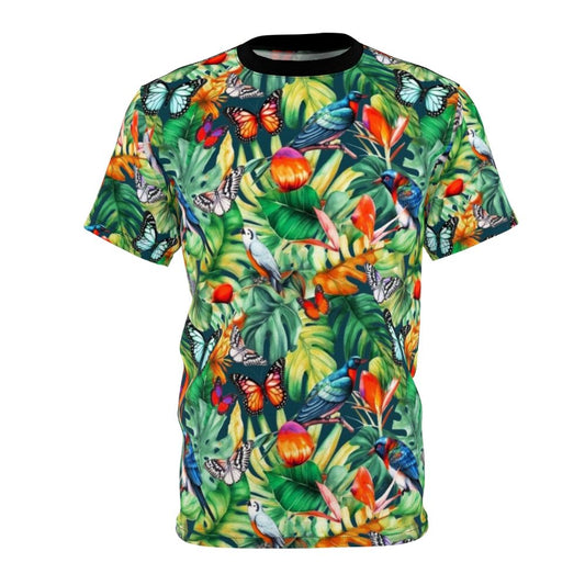 Tropical jungle-inspired t-shirt with vibrant watercolor birds, flowers, and monstera leaves