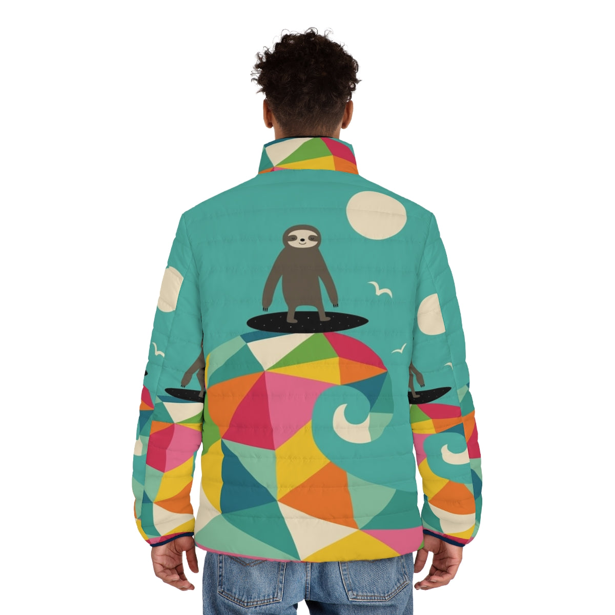 Puffer jacket with a vibrant geometric sloth print, perfect for summer surfing adventures - men back