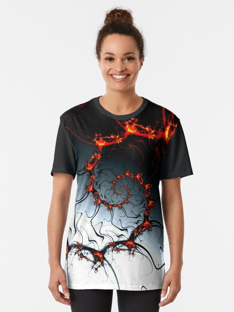 Burning Fractal Graphic T-Shirt with Spiral and Fibonacci Design - Women