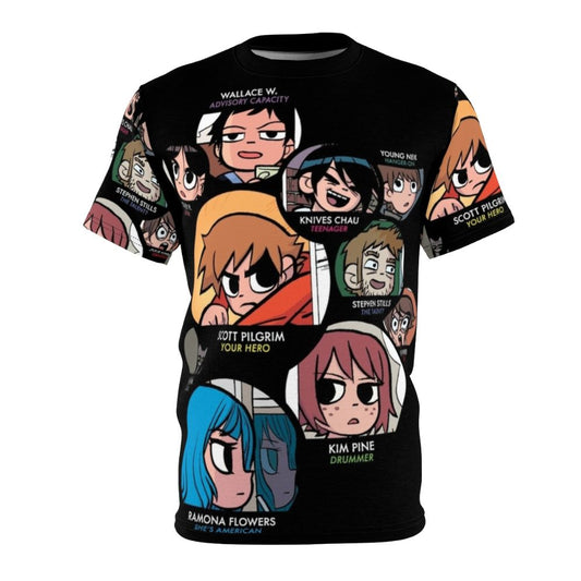 Retro Scott Pilgrim inspired t-shirt featuring the iconic characters from the cult classic comic book and video game series.