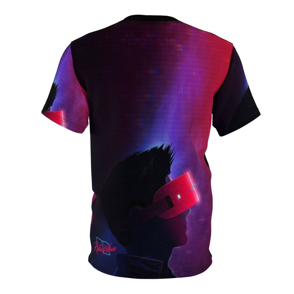 Retro futuristic virtual reality-inspired t-shirt with cyberpunk retrowave design - Back