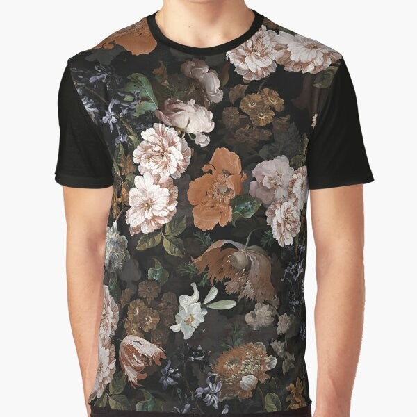 Antique botanical vintage flower graphic t-shirt with botanical night garden design