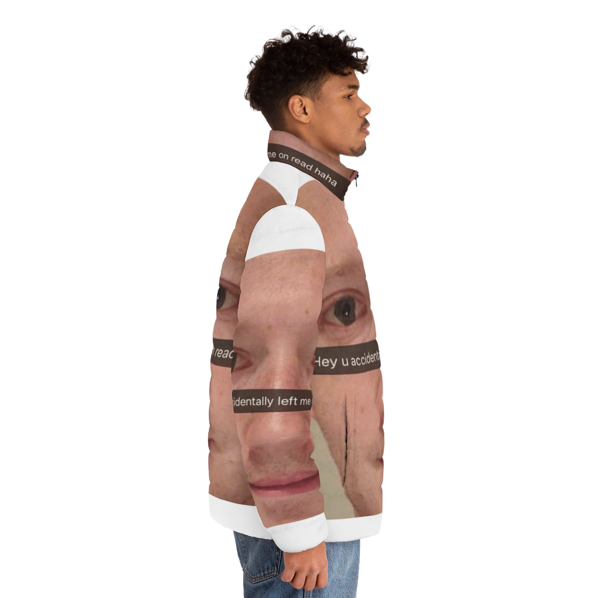 Mark Zuckerberg meme puffer jacket featuring a popular social media-inspired design - men side right