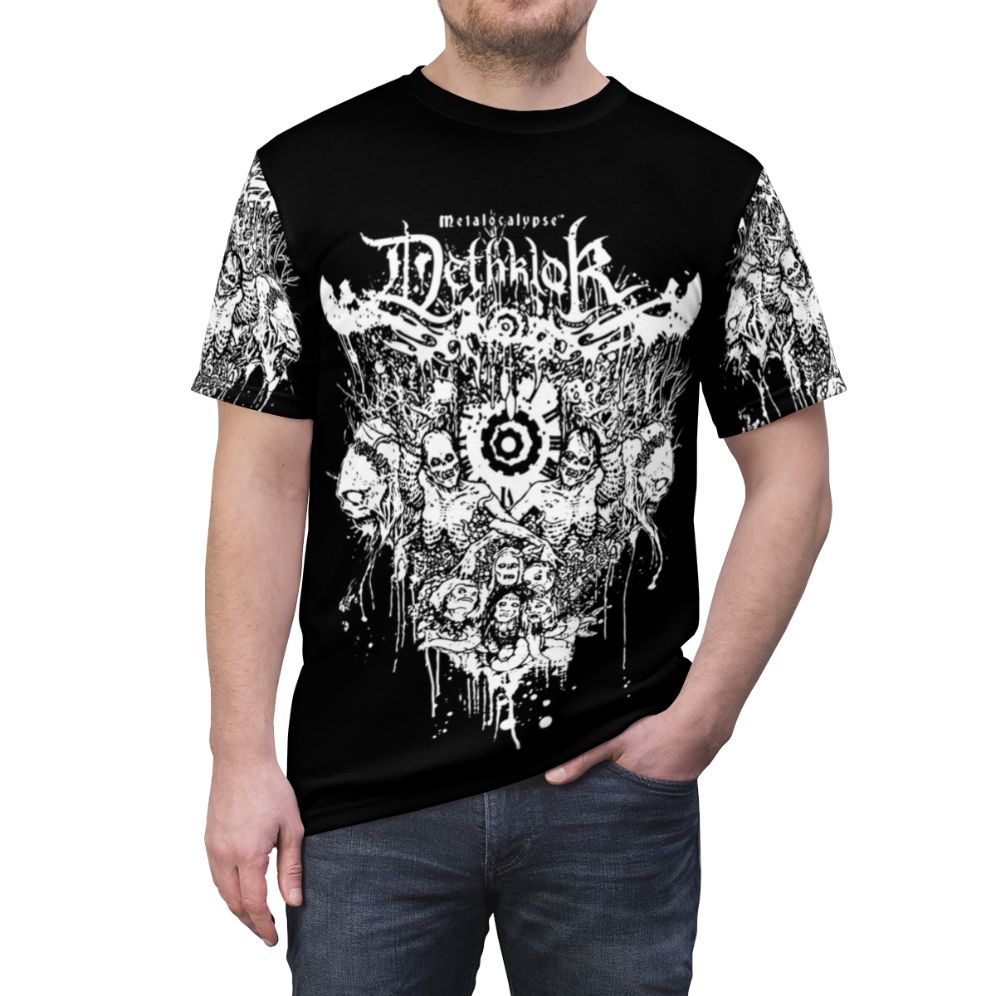 Dethklok-inspired T-shirt design featuring the iconic heavy metal cartoon band from Metalocalypse - men front