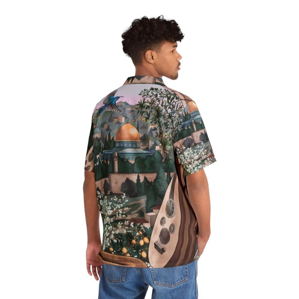 Authentic Arabic-Inspired Hawaiian Shirt with Palm Trees, Olive Trees, and Kuffiyah Pattern - People Back