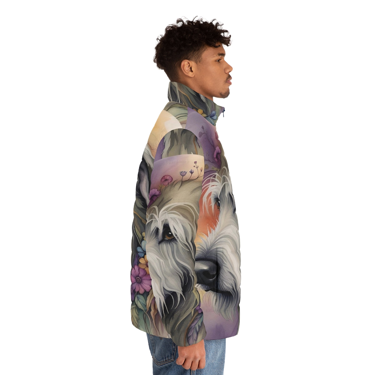 Watercolor-inspired puffer jacket featuring a cute Irish Wolfhound design - men side right