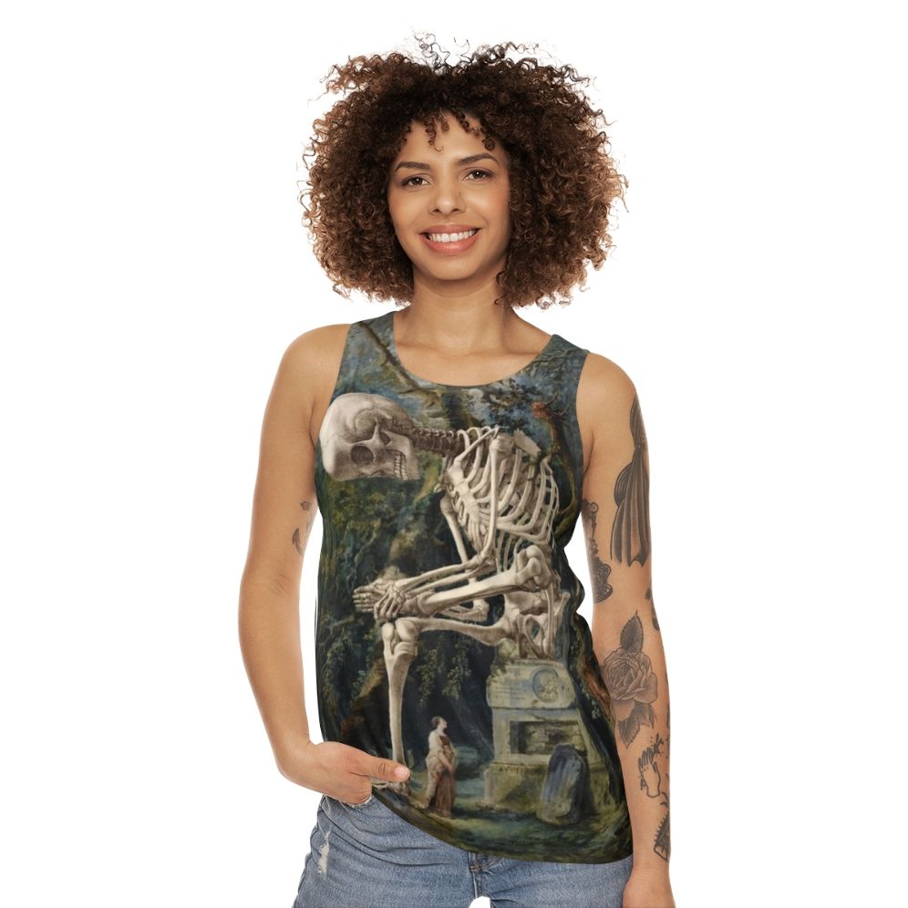 Surreal art unisex tank top featuring an illustration of a skull and skeleton - women