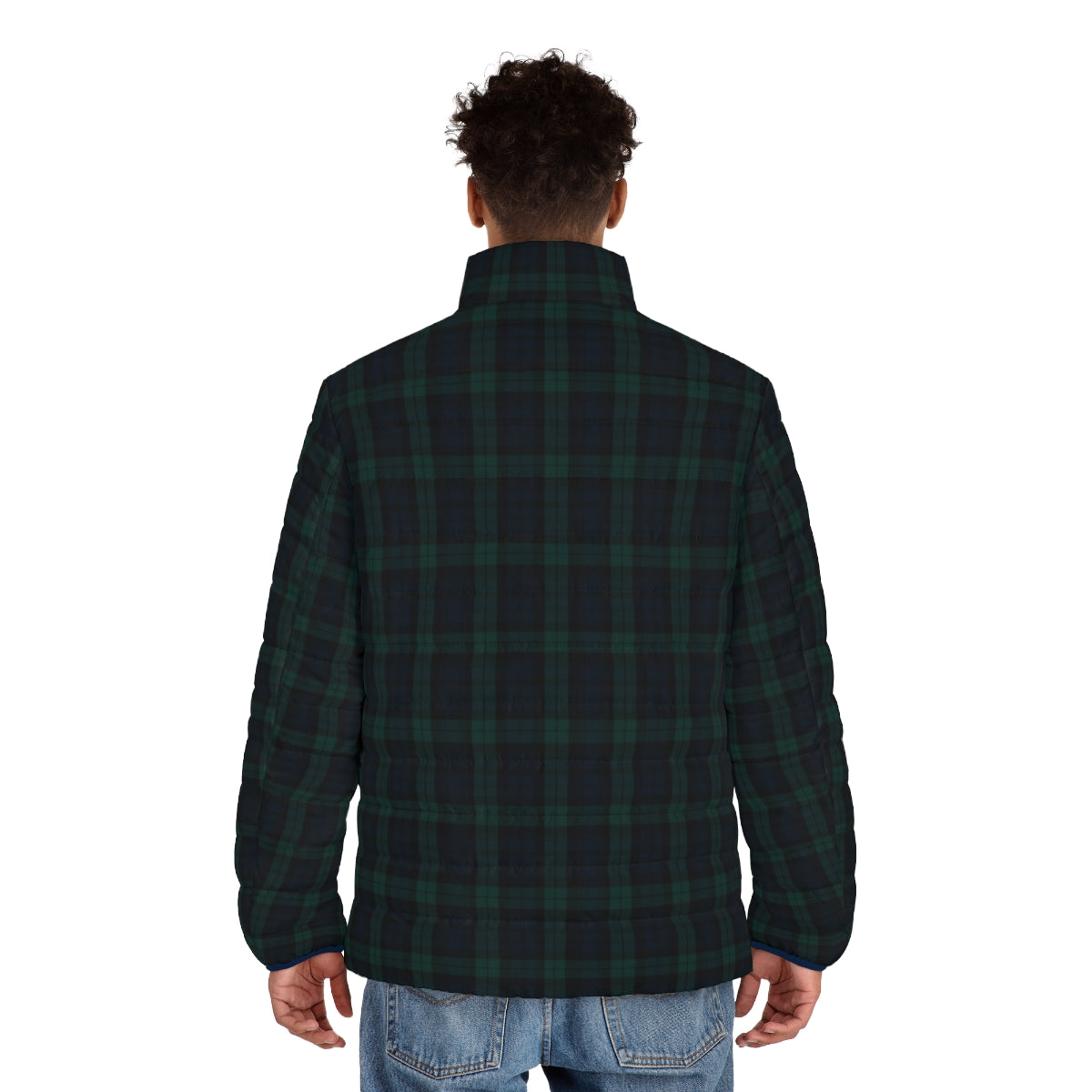 Green and blue tartan plaid puffer jacket - men back