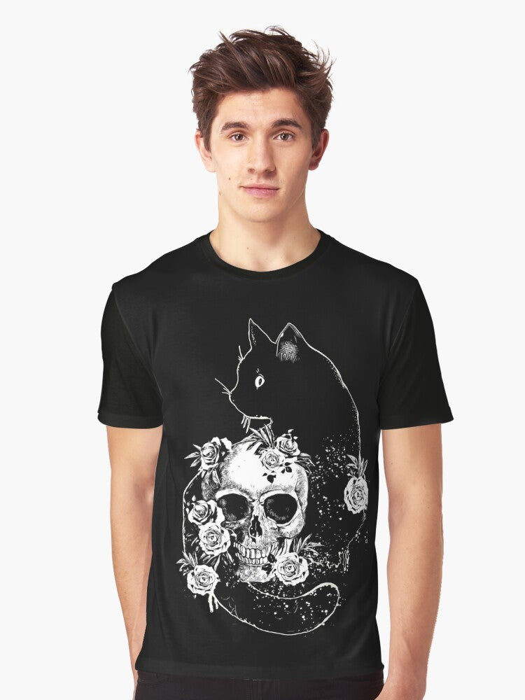 Graphic t-shirt featuring a black cat with a skull and skeleton in a black and white gothic design. - Men