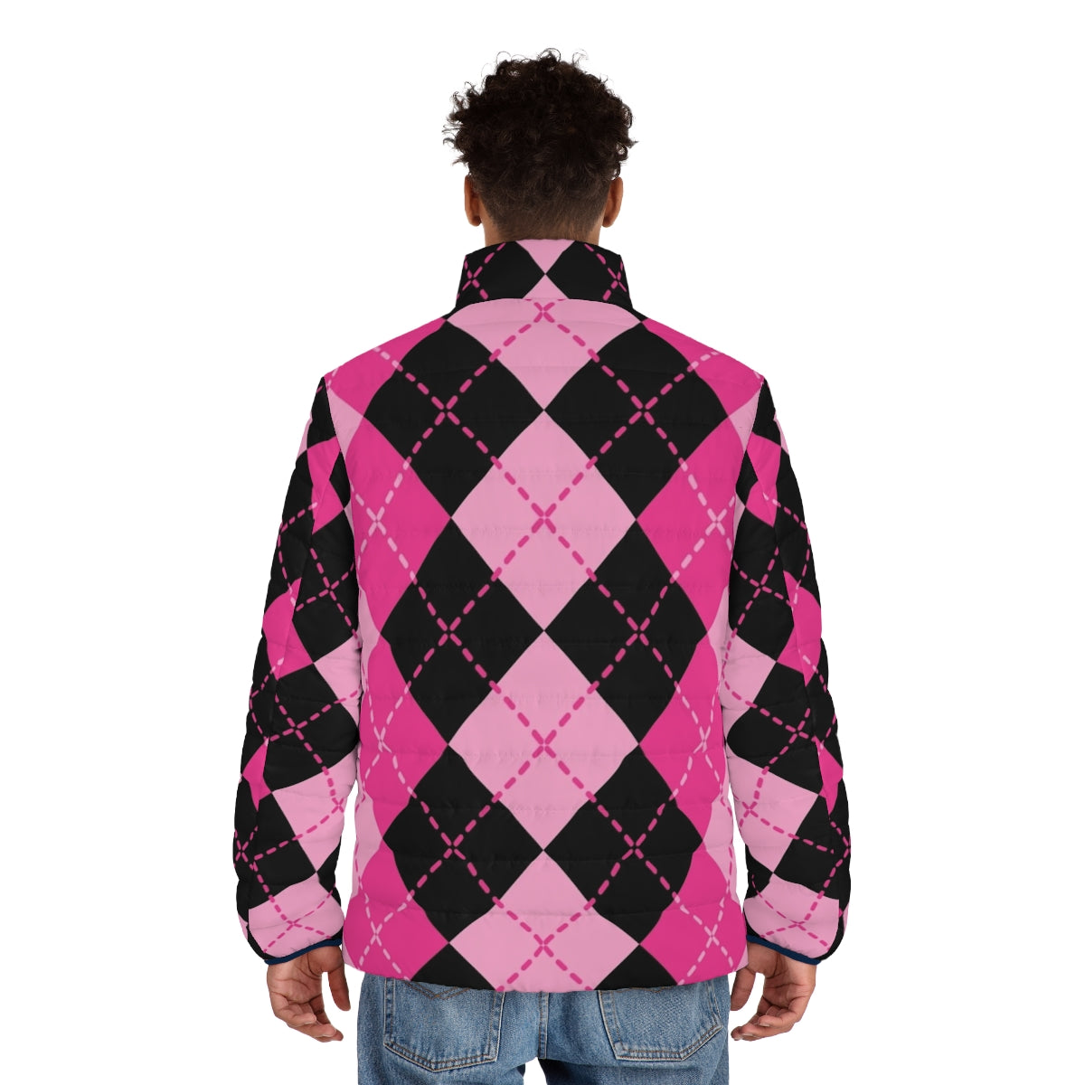 Retro pink argyle puffer jacket with classic diamond pattern design - men back