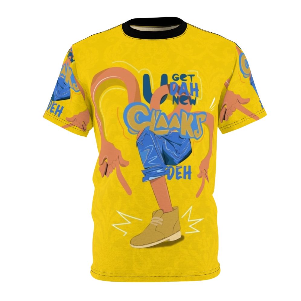 Vibrant all-over-print t-shirt featuring Jamaican-inspired graphics and typography