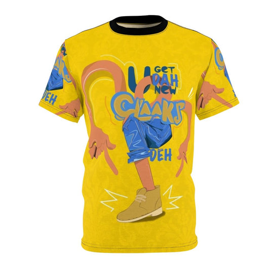 Vibrant all-over-print t-shirt featuring Jamaican-inspired graphics and typography