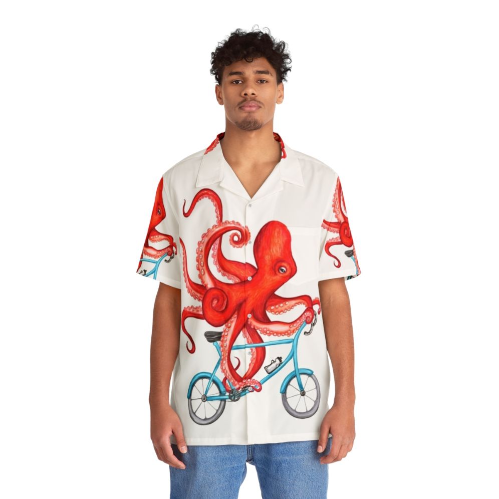 Cycling Octopus Hawaiian Shirt with Octopus Bicycle Design - People Front