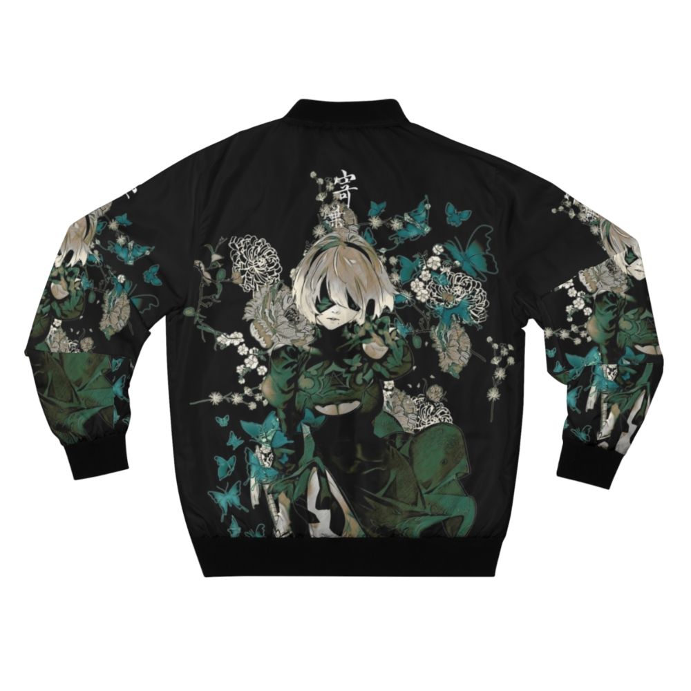 A fantasy-inspired dark floral bomber jacket with butterflies and anime-inspired design elements. - Back