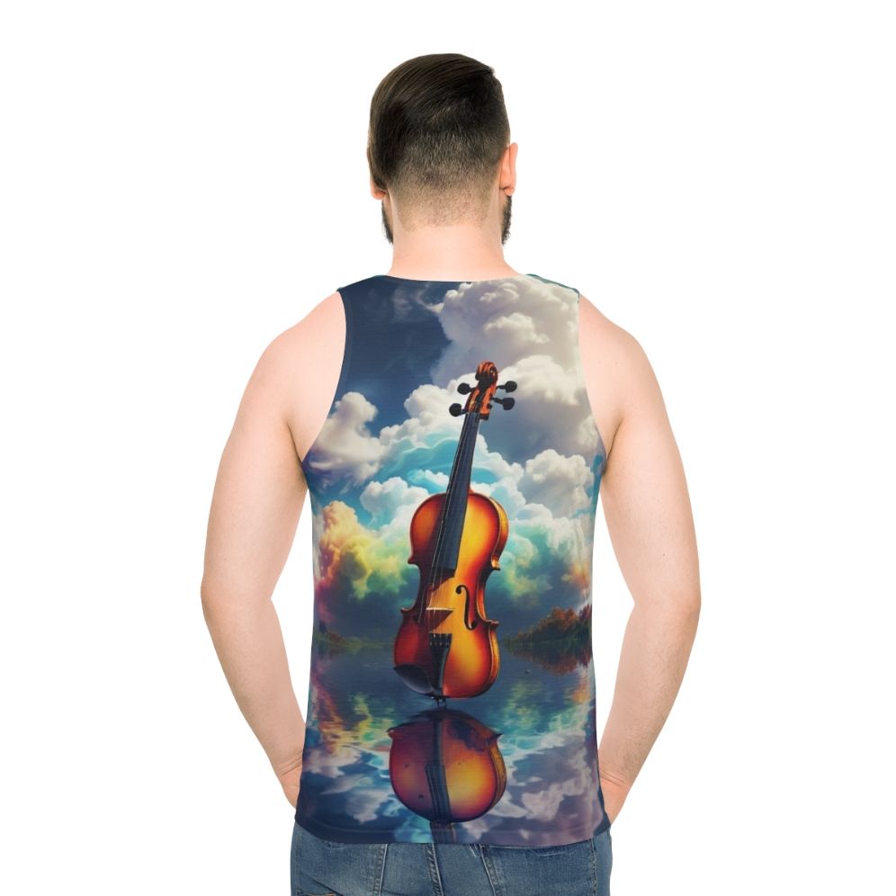 Unisex tank top with nature-inspired artistic landscape and melodic reflection - men back