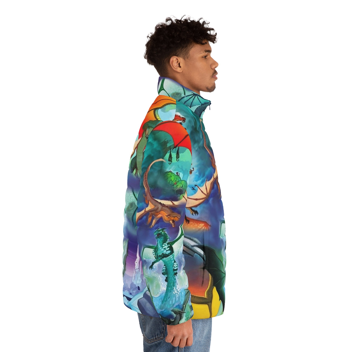 Dragon puffer jacket with colorful all dragon pattern background - men side right