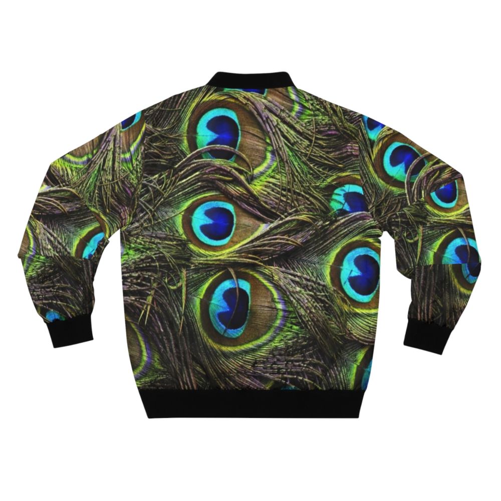 Peacock feathers bomber jacket with vibrant, colorful pattern - Back