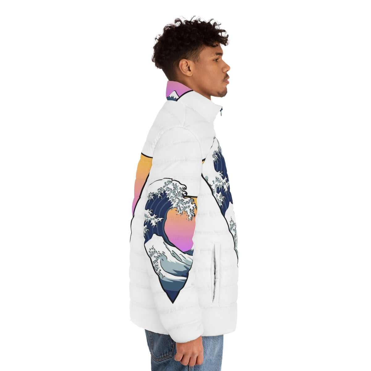 Puffer jacket with Great Wave of Kanagawa design, inspired by Japanese art - men side right