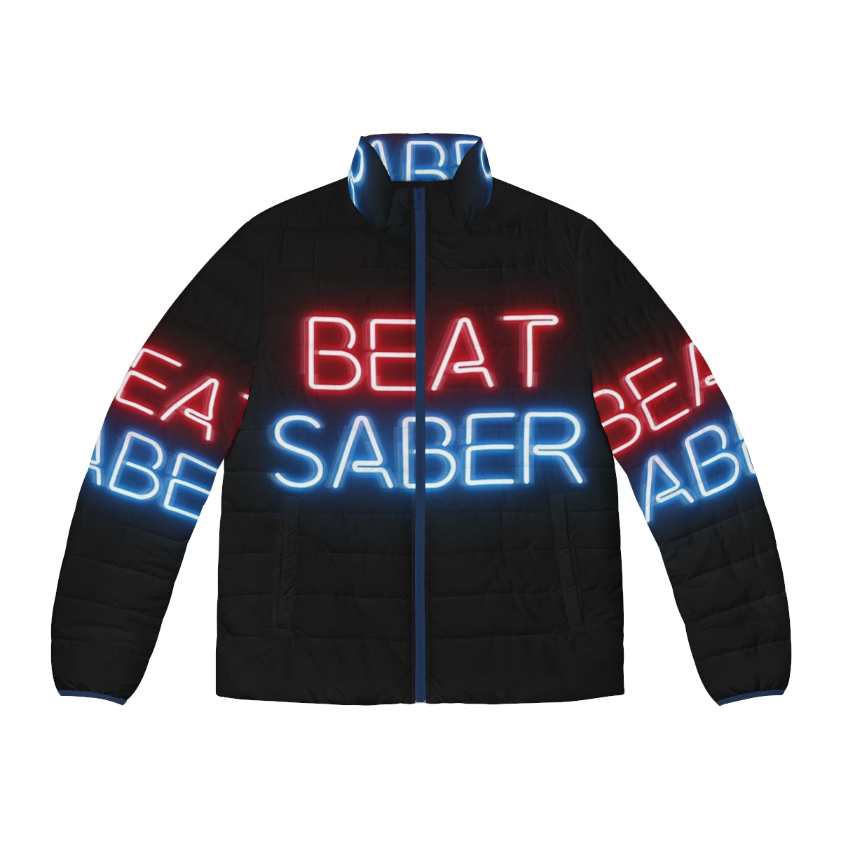 Beat Saber Puffer Jacket with neon colors and cyberpunk design