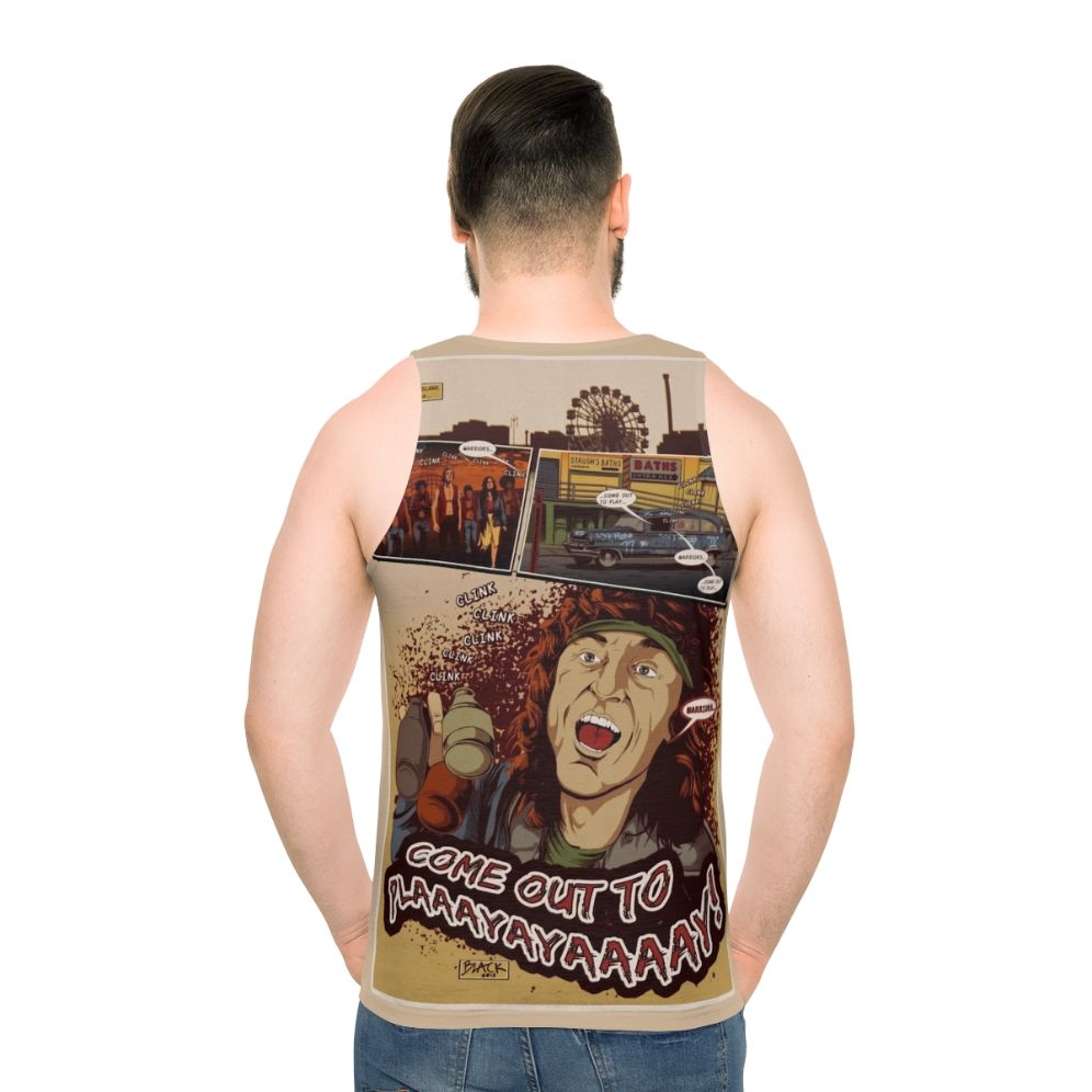 Unisex tank top with "The Warriors" movie quote "Come Out to Play" - men back