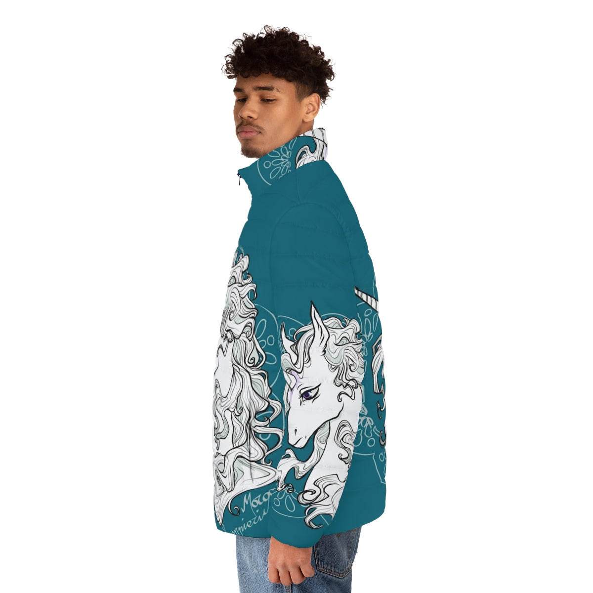 Sea green puffer jacket with unicorn and fantasy design - men side left