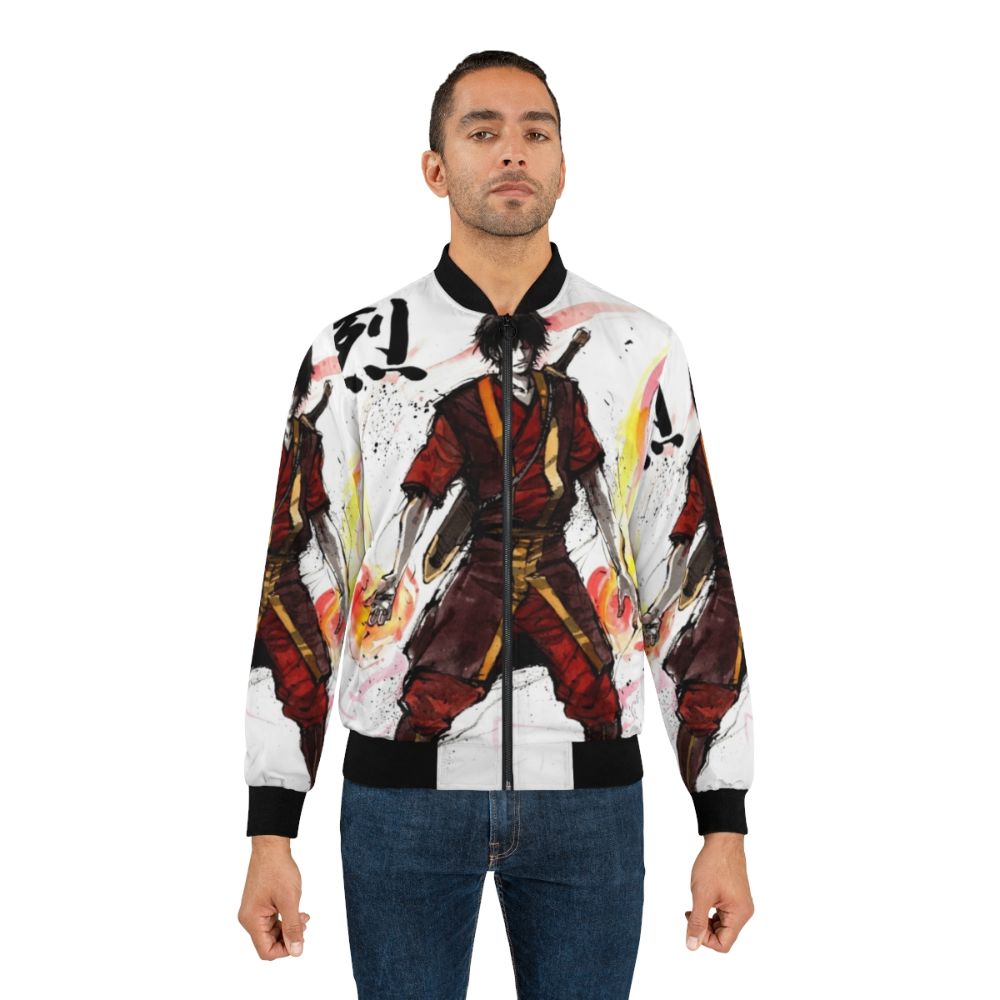 Bomber jacket featuring an illustration of Zuko from the Avatar series, created with sumi ink and watercolor. - Lifestyle