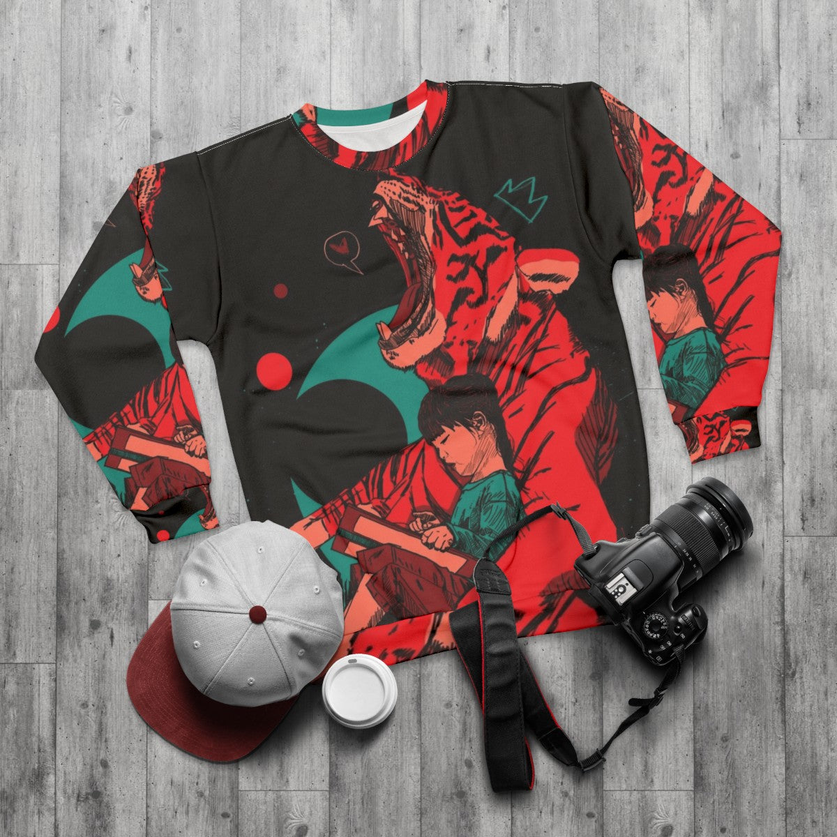 Tiger and girl sweatshirt with fantasy and imagination design - flat lay