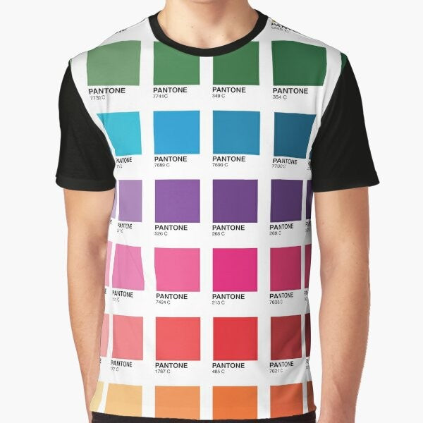 Graphic t-shirt featuring a vibrant array of Pantone color shades and swatches.