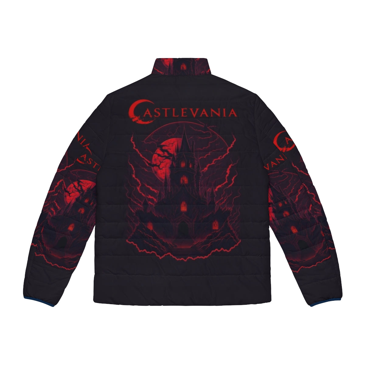 Castlevania Edge of Night Puffer Jacket featuring Alucard, Trevor Belmont, and Sypha Belnades - Back