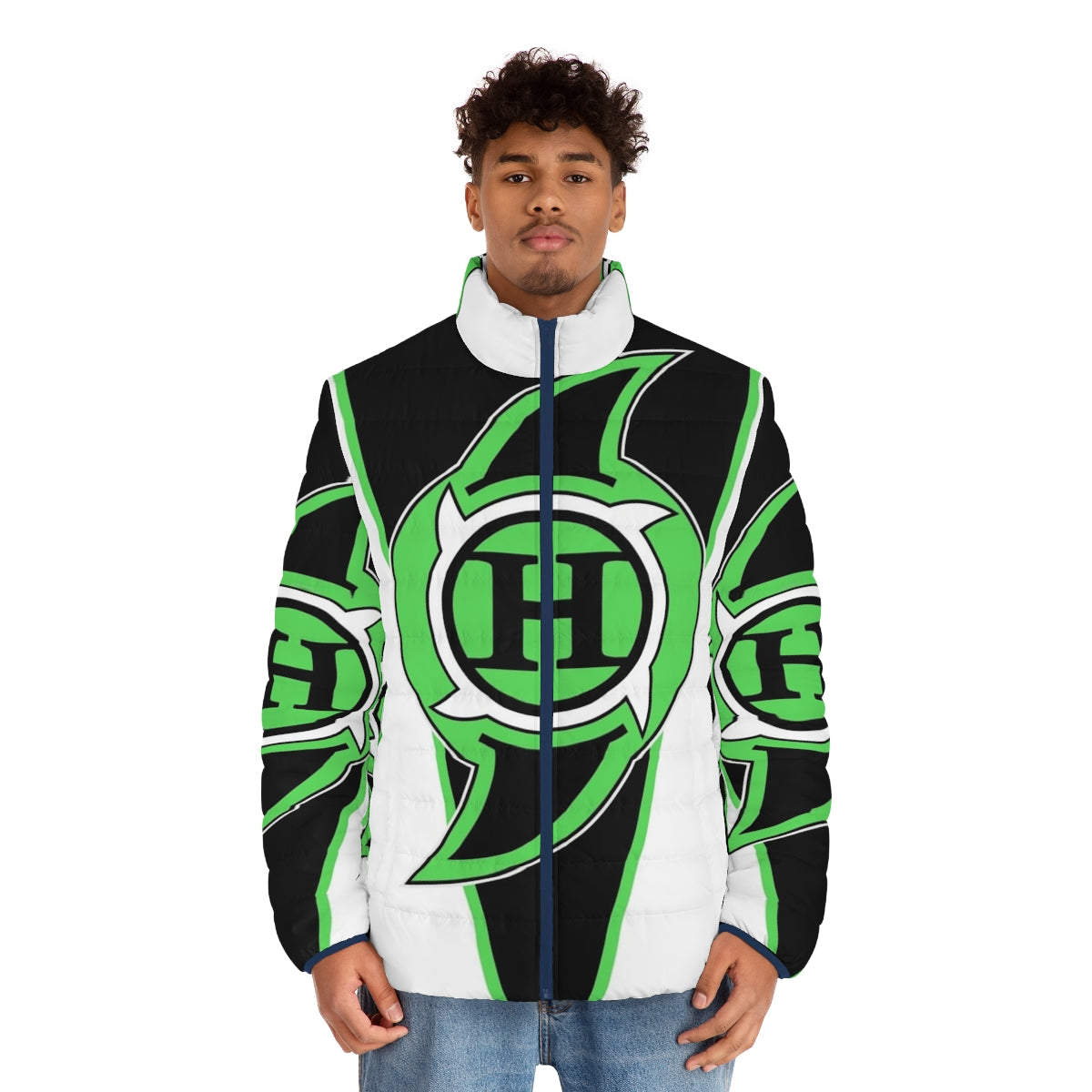 Blue Hurricane Puffer Jacket with Wrestler and Wrestling Inspired Graphic - men front