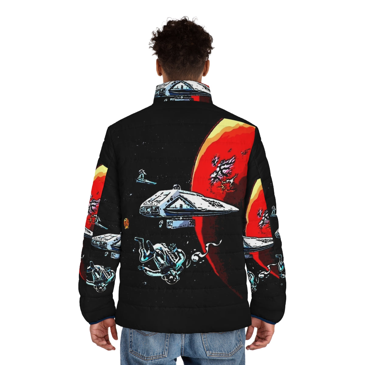 Dark Star sci-fi puffer jacket with spacecraft and retro design - men back