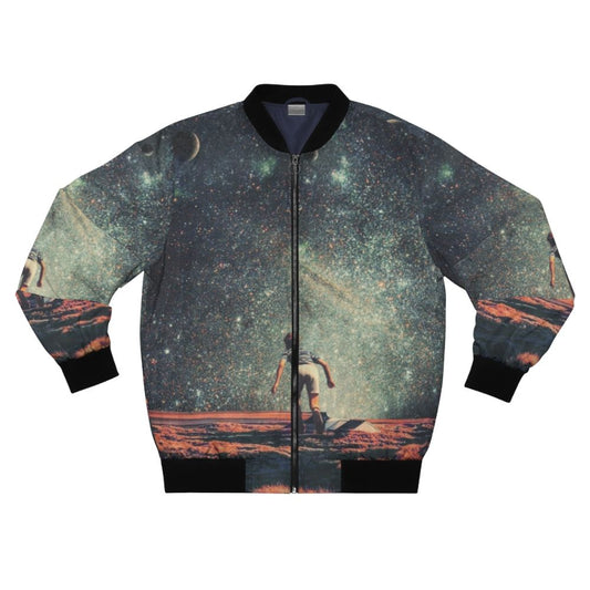 Vintage-inspired nostalgic bomber jacket with collage design featuring space, stars, and retro elements