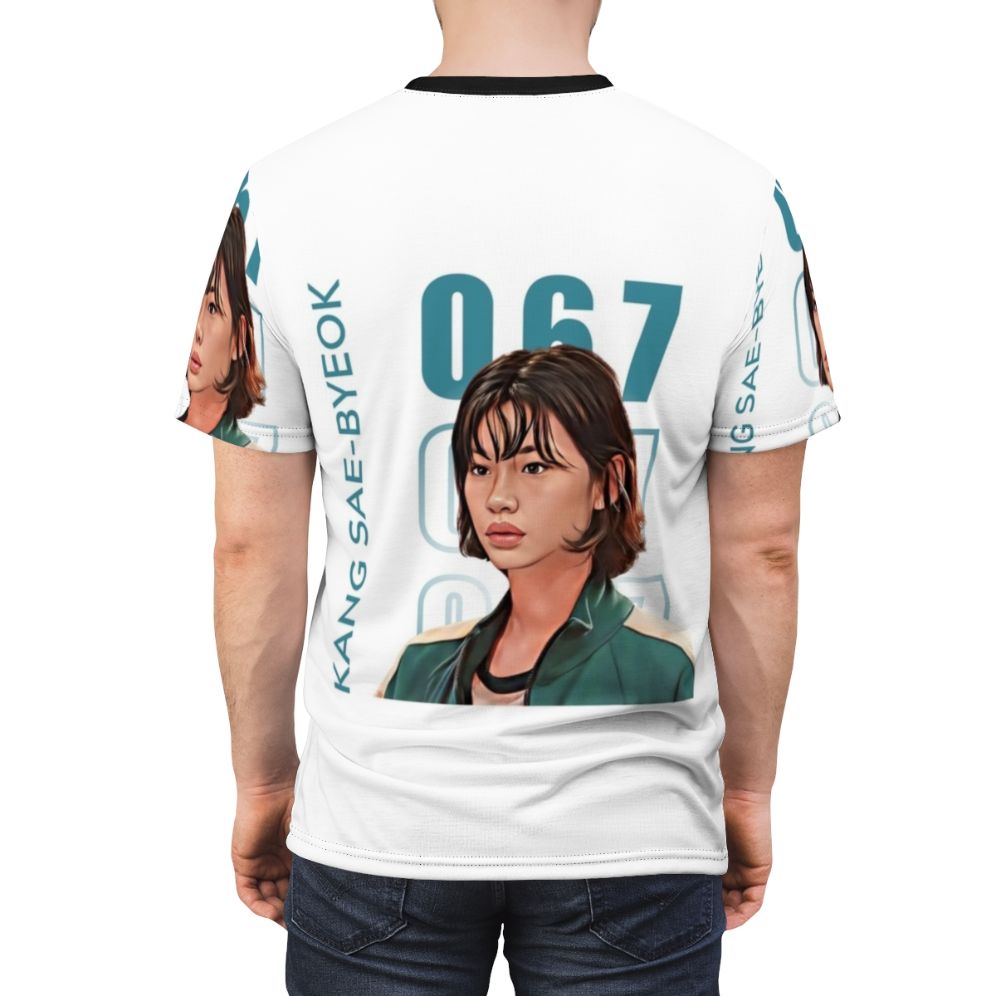 A high-quality, print-on-demand t-shirt featuring fan art inspired by the character Sae Byeok from the popular Netflix series Squid Game. - men back