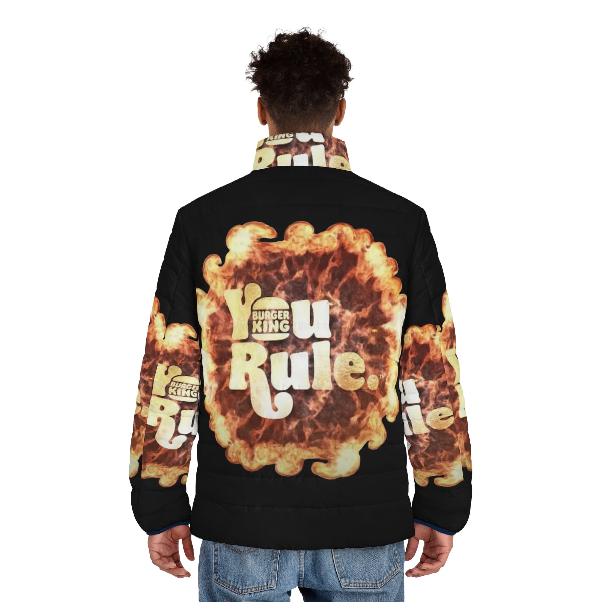 A stylish puffer jacket featuring the "You Rule" Burger King inspired design - men back